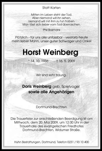 Traueranzeige von Horst Weinberg von Tageszeitung