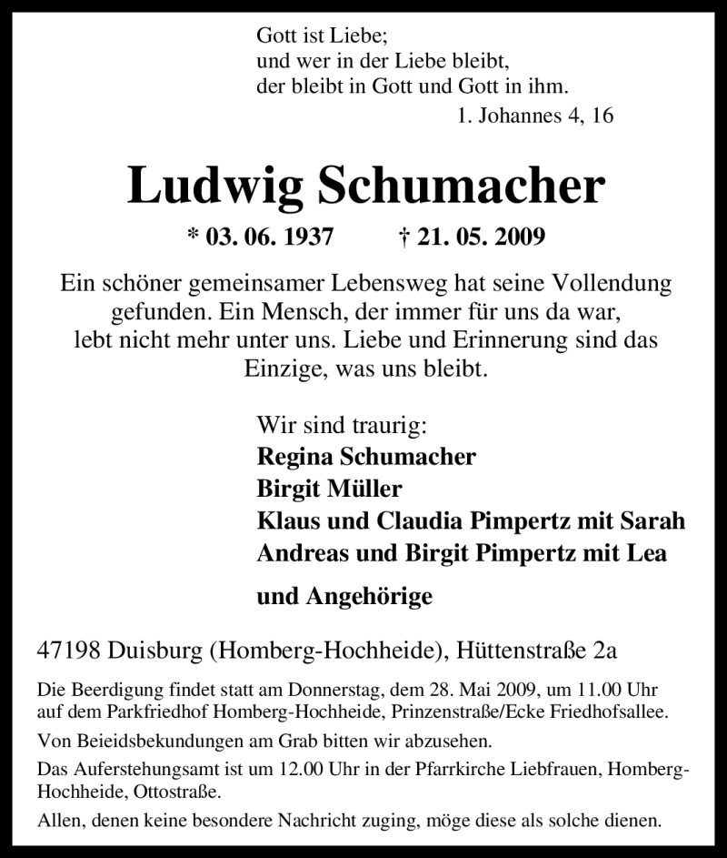  Traueranzeige für Ludwig Schumacher vom 25.05.2009 aus Tageszeitung