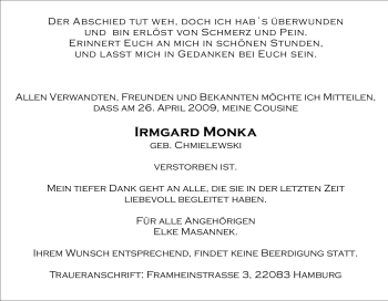 Traueranzeige von Irmgard Monka von Tageszeitung