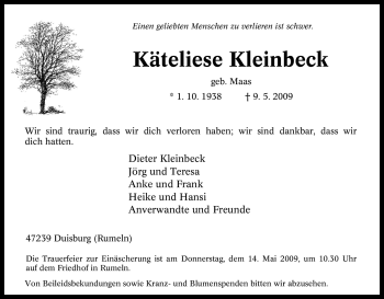 Traueranzeige von Käteliese Kleinbeck von Tageszeitung