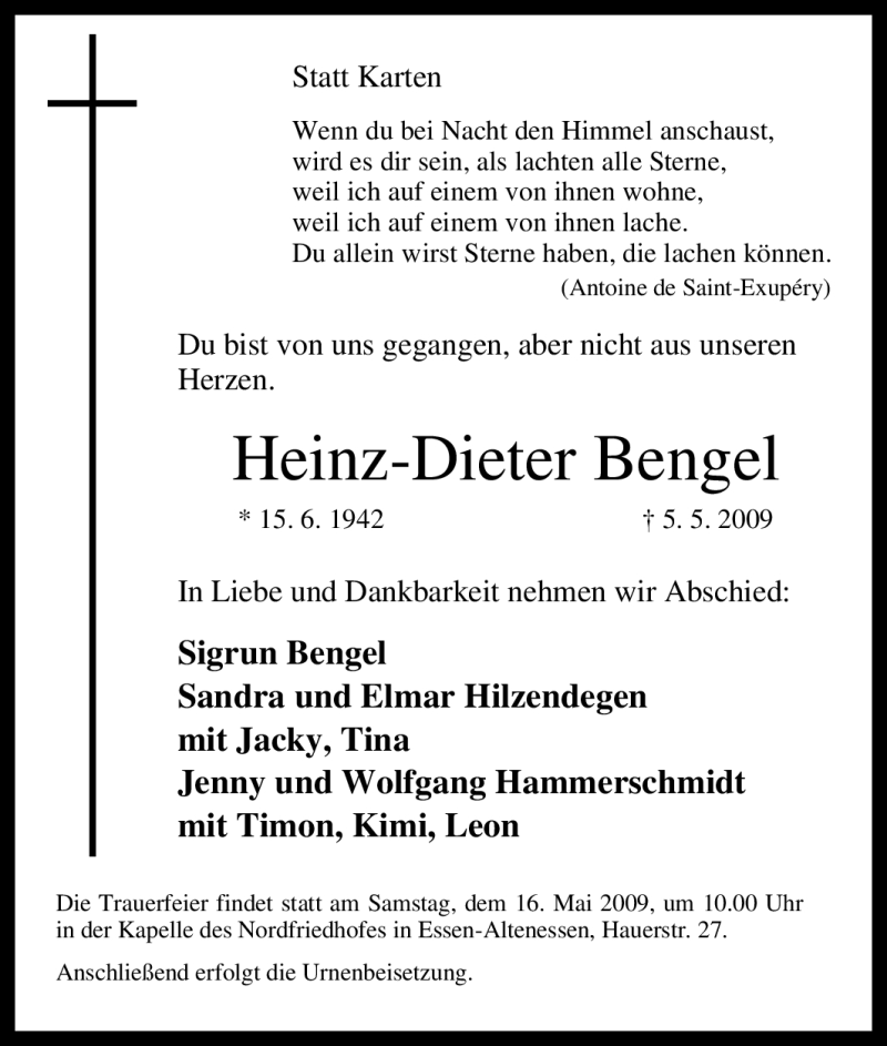  Traueranzeige für Heinz-Dieter Bengel vom 09.05.2009 aus Tageszeitung