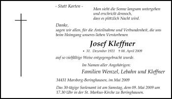 Traueranzeige von Josef Kleffner von Tageszeitung