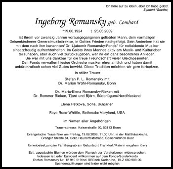 Traueranzeige von Ingeborg Romansky von Tageszeitung