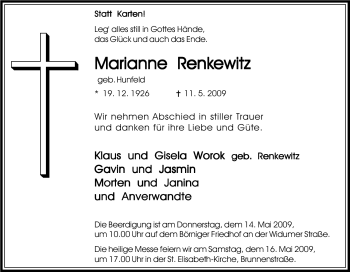 Traueranzeige von Marianne Renkewitz von Tageszeitung