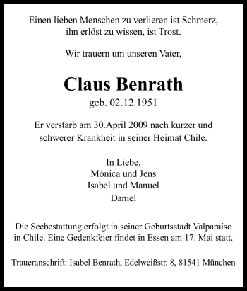 Traueranzeige von Claus Benrath von Tageszeitung