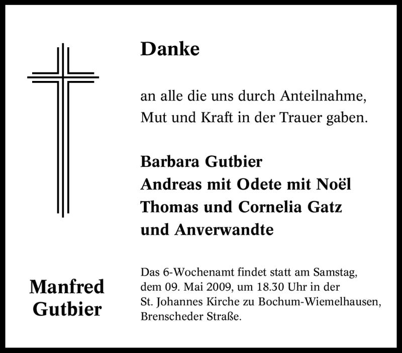  Traueranzeige für Manfred Gutbier vom 02.05.2009 aus Tageszeitung