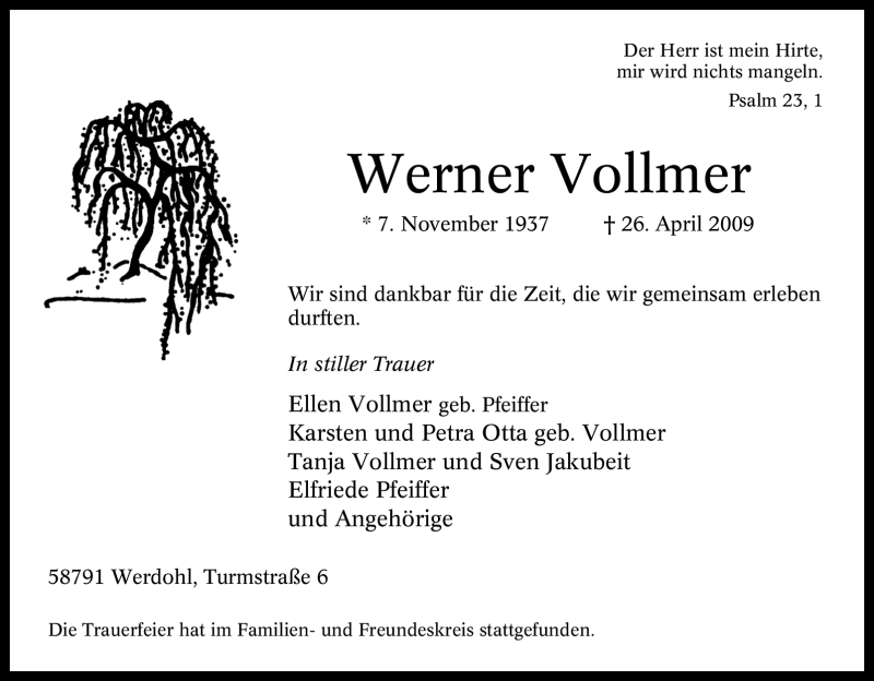  Traueranzeige für Werner Vollmer vom 02.05.2009 aus Tageszeitung