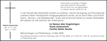 Traueranzeige von Hubert Ackerschott von Tageszeitung