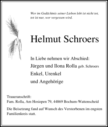 Traueranzeige von Helmut Schroers von Tageszeitung