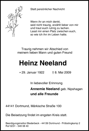 Traueranzeige von Heinz Neeland von Tageszeitung
