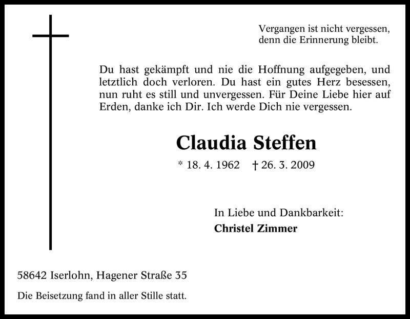  Traueranzeige für Claudia Steffen vom 02.05.2009 aus Tageszeitung