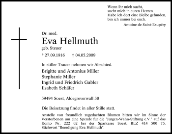 Traueranzeige von Eva Hellmuth von Tageszeitung
