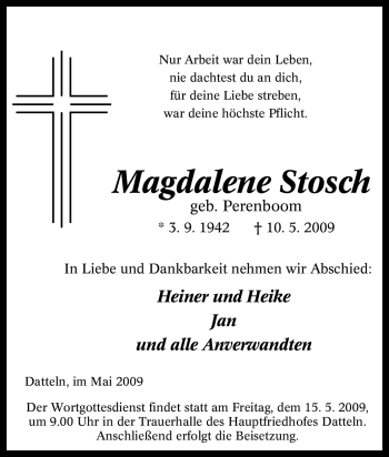 Traueranzeige von Magdalene Stosch von Tageszeitung