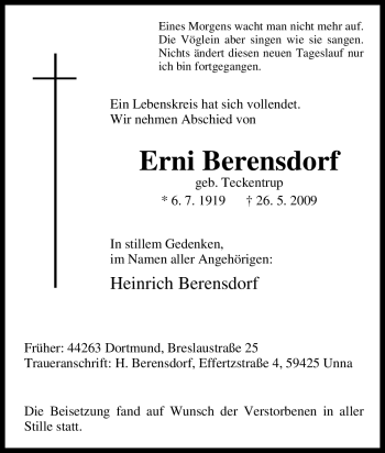 Traueranzeige von Erni Berensdorf von Tageszeitung