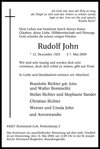 Traueranzeige von Rudolf John von Tageszeitung