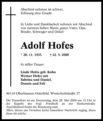 Traueranzeige von Adolf Hofes von Tageszeitung
