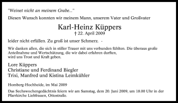 Traueranzeige von Karl-Heinz Küppers von Tageszeitung