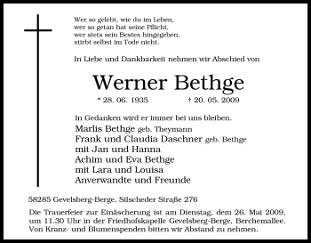 Traueranzeige von Werner Bethge von Tageszeitung