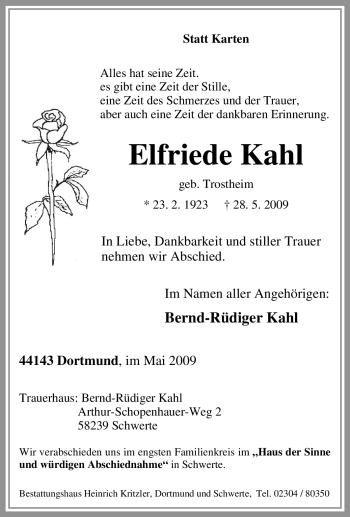 Traueranzeige von Elfriede Kahl von Tageszeitung