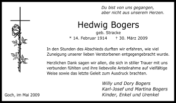 Traueranzeige von Hedwig Bogers von Tageszeitung