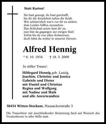 Traueranzeige von Alfred Hennig von Tageszeitung