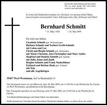Traueranzeige von Bernhard Schmitt von Tageszeitung