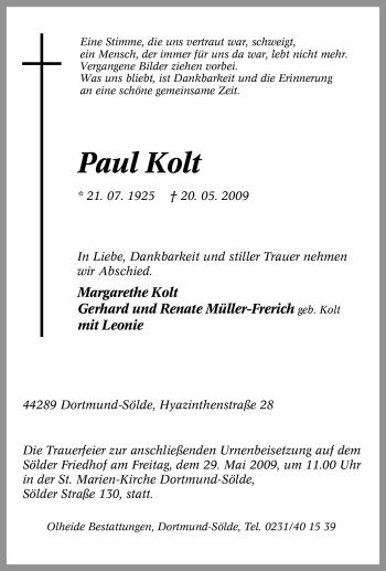 Traueranzeige von Paul Kolt von Tageszeitung