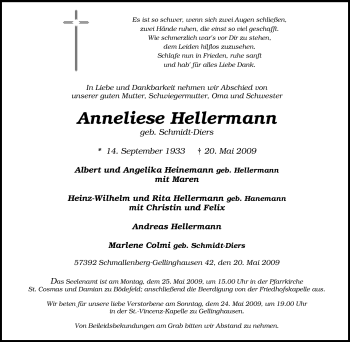 Traueranzeige von Anneliese Hellermann von Tageszeitung