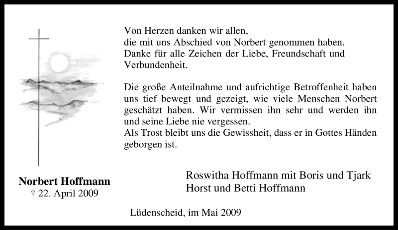  Traueranzeige für Norbert Hoffmann vom 16.05.2009 aus Tageszeitung
