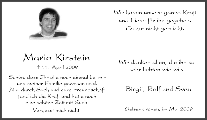  Traueranzeige für Mario Kirstein vom 09.05.2009 aus Tageszeitung