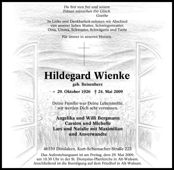 Traueranzeige von Hildegard Wienke von Tageszeitung
