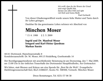 Traueranzeige von Minchen Moser von Tageszeitung