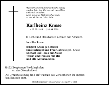 Traueranzeige von Karlheinz Knese von Tageszeitung