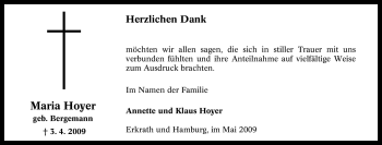Traueranzeige von Maria Hoyer von Tageszeitung
