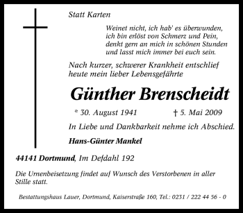 Traueranzeige von Günther Brenscheidt von Tageszeitung