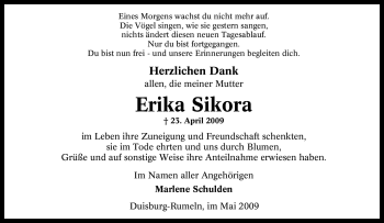 Traueranzeige von Erika Sikora von Tageszeitung
