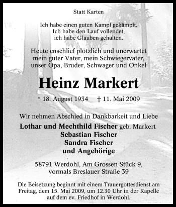 Traueranzeige von Heinz Markert von Tageszeitung