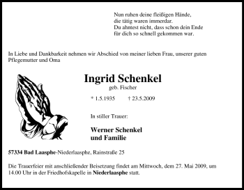 Traueranzeige von Ingrid Schenkel von Tageszeitung
