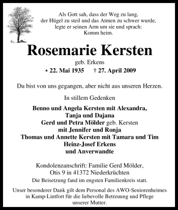 Traueranzeige von Rosemarie Kersten von Tageszeitung
