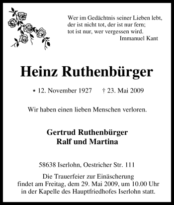 Traueranzeige von Heinz Ruthenbürger von Tageszeitung