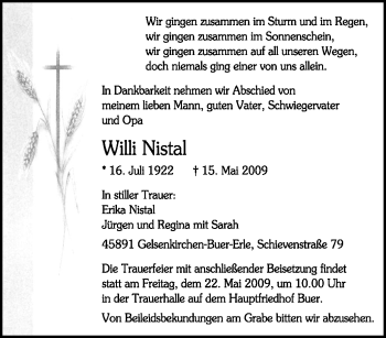 Traueranzeige von Willi Nistal von Tageszeitung