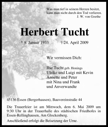 Traueranzeige von Herbert Tucht von Tageszeitung