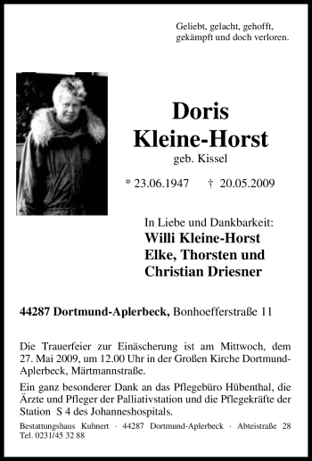 Traueranzeige von Doris Kleine-Horst von Tageszeitung
