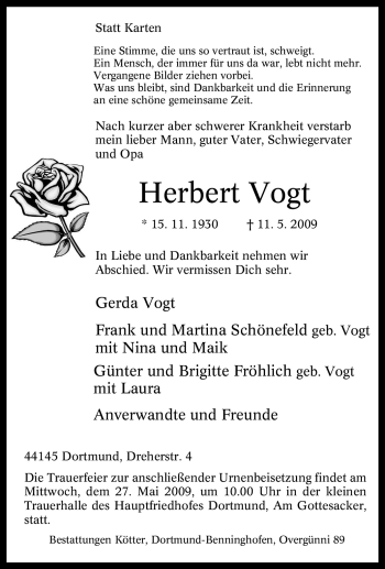 Traueranzeige von Herbert Vogt von Tageszeitung