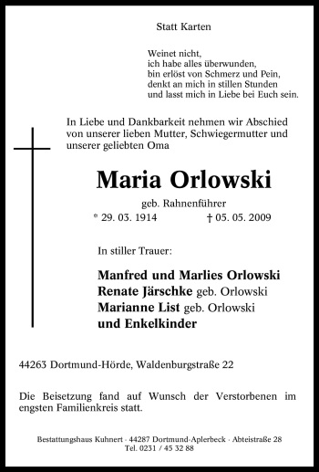Traueranzeige von Maria Orlowski von Tageszeitung