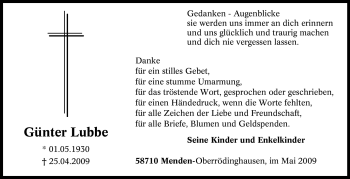 Traueranzeige von Günter Lubbe von Tageszeitung