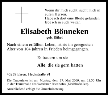 Traueranzeige von Elisabeth Bönneken von Tageszeitung