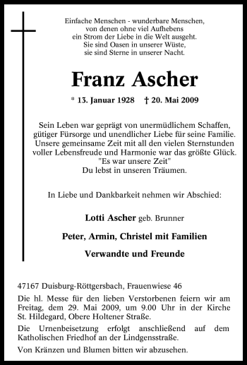 Traueranzeige von Franz Ascher von Tageszeitung