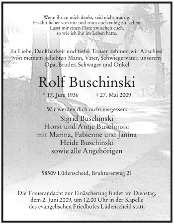 Traueranzeige von Rolf Buschinski von Tageszeitung