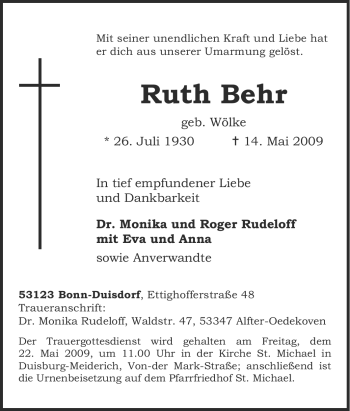 Traueranzeige von Ruth Behr von Tageszeitung